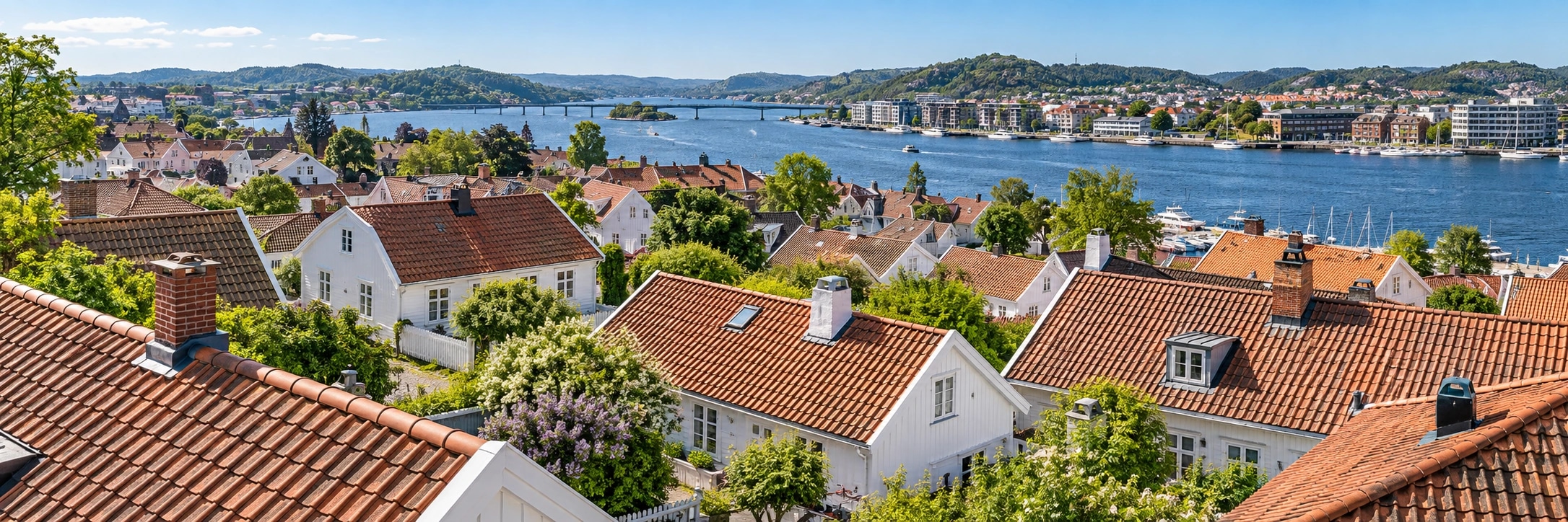 Illustrert taklandskap og bebyggelse i Kristiansand