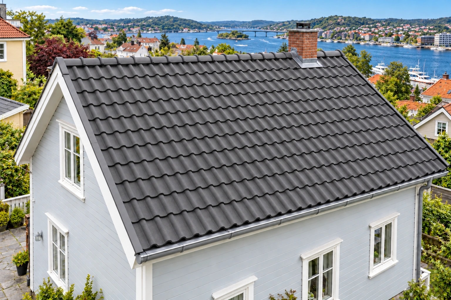 Illustrasjon av huset med ny takstein og nye beslag